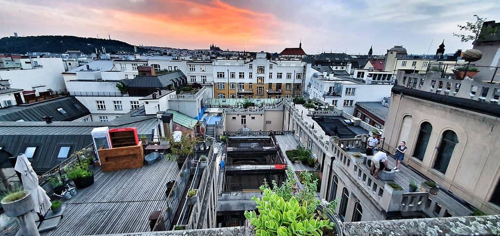 Sunset at the Lucerna Rooftop in Prague, Czech Republic.